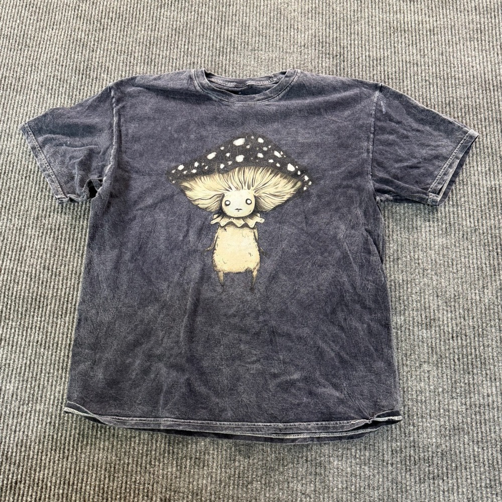 Stephanie Bayles Unisex Mushroom Graphic T Shirt Large Gray Acid Wash Cotton
